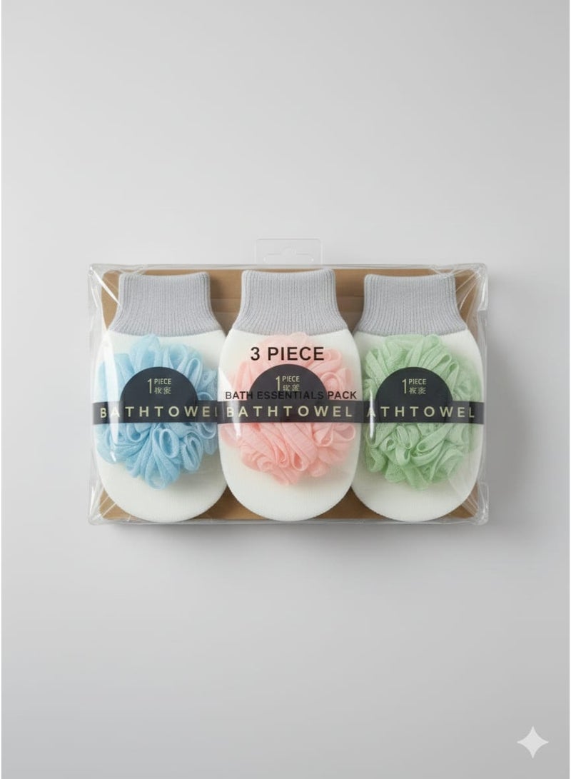 3-Piece Bath Shower Loofah Set with Soft Exfoliating Gloves – Body Scrubber Bath Towel Pack – Blue, Pink & Green - Image 2